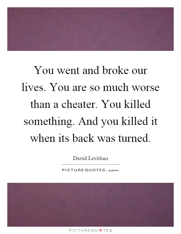 You went and broke our lives. You are so much worse than a cheater. You killed something. And you killed it when its back was turned Picture Quote #1