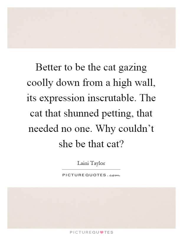Better to be the cat gazing coolly down from a high wall, its expression inscrutable. The cat that shunned petting, that needed no one. Why couldn't she be that cat? Picture Quote #1