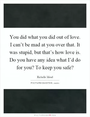 You did what you did out of love. I can’t be mad at you over that. It was stupid, but that’s how love is. Do you have any idea what I’d do for you? To keep you safe? Picture Quote #1