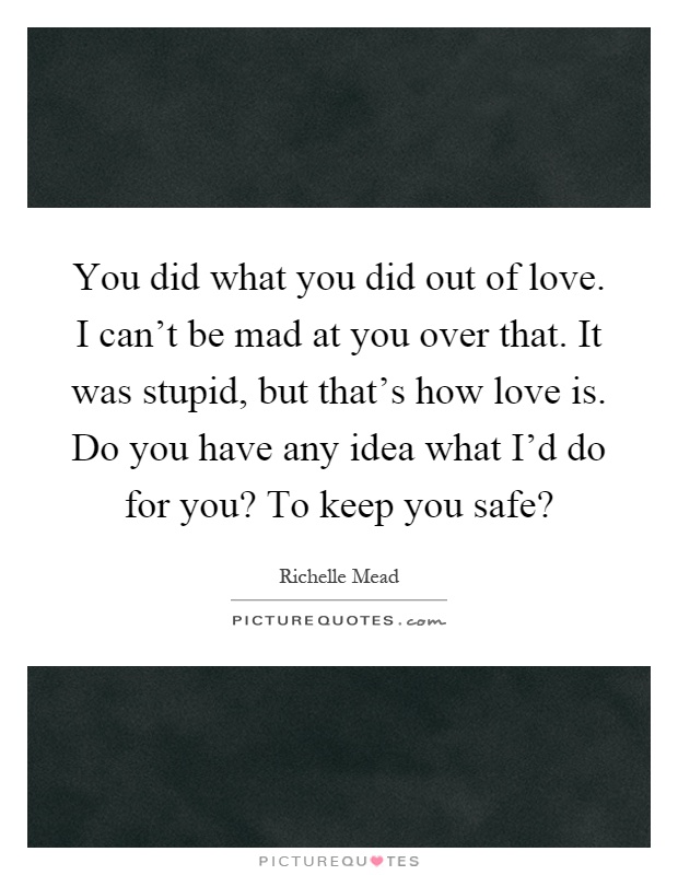 You did what you did out of love. I can't be mad at you over that. It was stupid, but that's how love is. Do you have any idea what I'd do for you? To keep you safe? Picture Quote #1