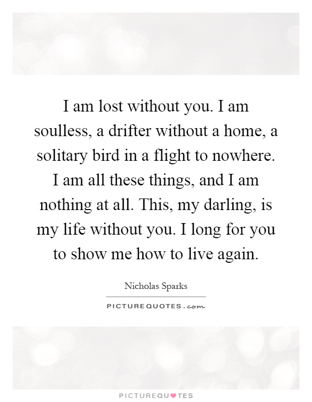 I am lost without you. I am soulless, a drifter without a home, a solitary bird in a flight to nowhere. I am all these things, and I am nothing at all. This, my darling, is my life without you. I long for you to show me how to live again Picture Quote #1