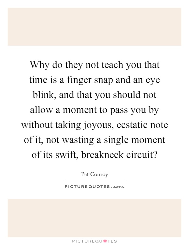 Why do they not teach you that time is a finger snap and an eye blink, and that you should not allow a moment to pass you by without taking joyous, ecstatic note of it, not wasting a single moment of its swift, breakneck circuit? Picture Quote #1