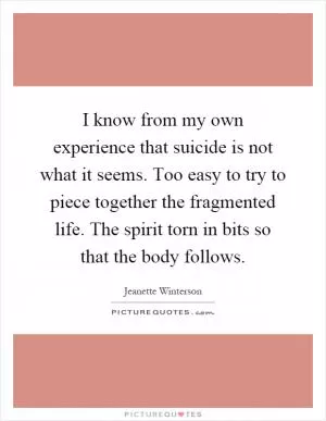 I know from my own experience that suicide is not what it seems. Too easy to try to piece together the fragmented life. The spirit torn in bits so that the body follows Picture Quote #1