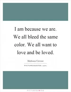 I am because we are. We all bleed the same color. We all want to love and be loved Picture Quote #1