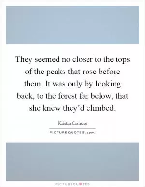 They seemed no closer to the tops of the peaks that rose before them. It was only by looking back, to the forest far below, that she knew they’d climbed Picture Quote #1