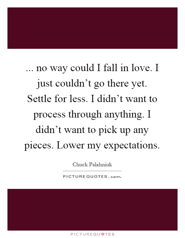 ... no way could I fall in love. I just couldn't go there yet. Settle for less. I didn't want to process through anything. I didn't want to pick up any pieces. Lower my expectations Picture Quote #1