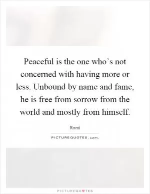 Peaceful is the one who’s not concerned with having more or less. Unbound by name and fame, he is free from sorrow from the world and mostly from himself Picture Quote #1