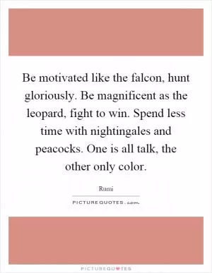 Be motivated like the falcon, hunt gloriously. Be magnificent as the leopard, fight to win. Spend less time with nightingales and peacocks. One is all talk, the other only color Picture Quote #1