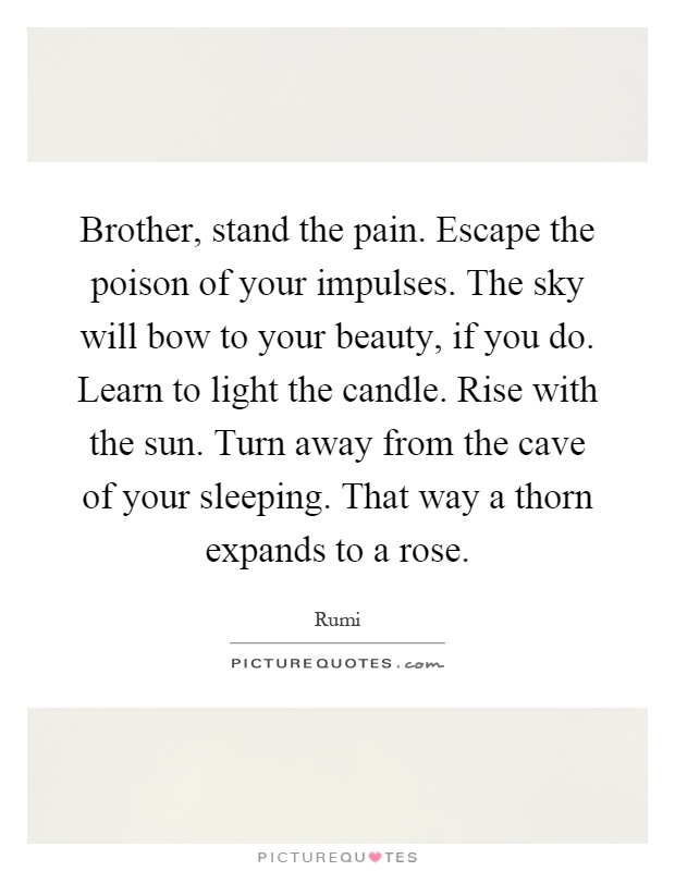 Brother, stand the pain. Escape the poison of your impulses. The sky will bow to your beauty, if you do. Learn to light the candle. Rise with the sun. Turn away from the cave of your sleeping. That way a thorn expands to a rose Picture Quote #1