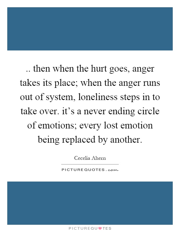 .. then when the hurt goes, anger takes its place; when the anger runs out of system, loneliness steps in to take over. it's a never ending circle of emotions; every lost emotion being replaced by another Picture Quote #1
