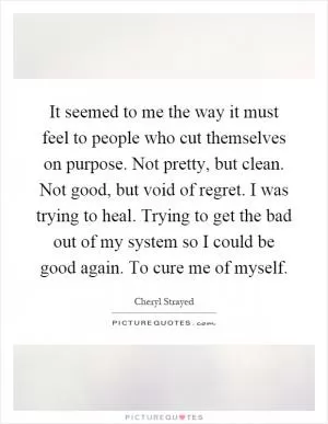 It seemed to me the way it must feel to people who cut themselves on purpose. Not pretty, but clean. Not good, but void of regret. I was trying to heal. Trying to get the bad out of my system so I could be good again. To cure me of myself Picture Quote #1
