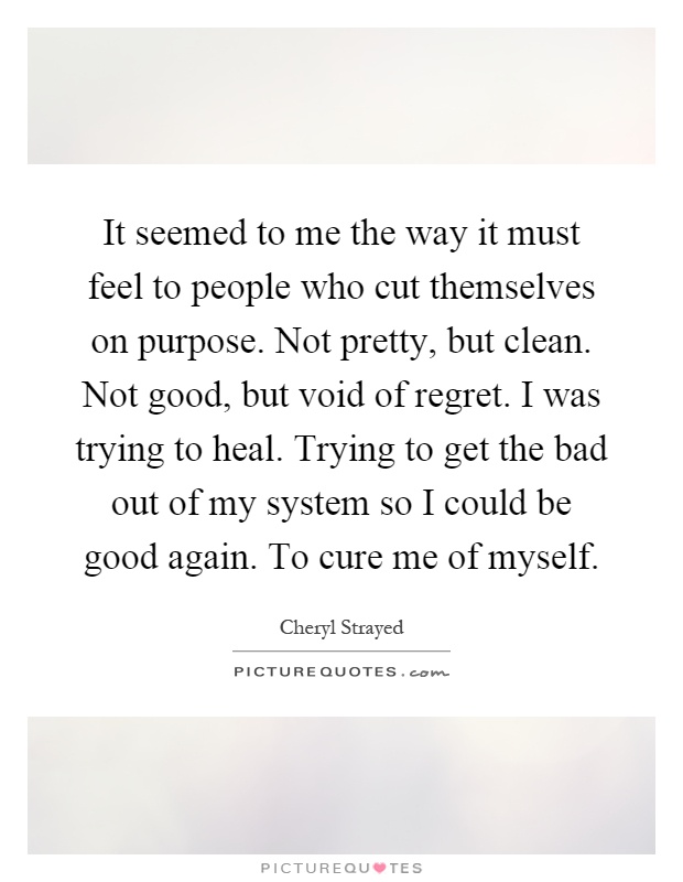 It seemed to me the way it must feel to people who cut themselves on purpose. Not pretty, but clean. Not good, but void of regret. I was trying to heal. Trying to get the bad out of my system so I could be good again. To cure me of myself Picture Quote #1