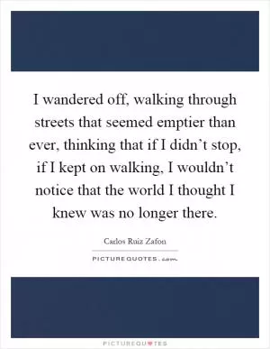 I wandered off, walking through streets that seemed emptier than ever, thinking that if I didn’t stop, if I kept on walking, I wouldn’t notice that the world I thought I knew was no longer there Picture Quote #1