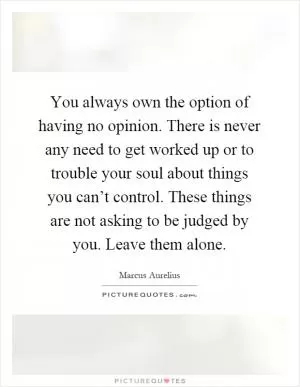 You always own the option of having no opinion. There is never any need to get worked up or to trouble your soul about things you can’t control. These things are not asking to be judged by you. Leave them alone Picture Quote #1