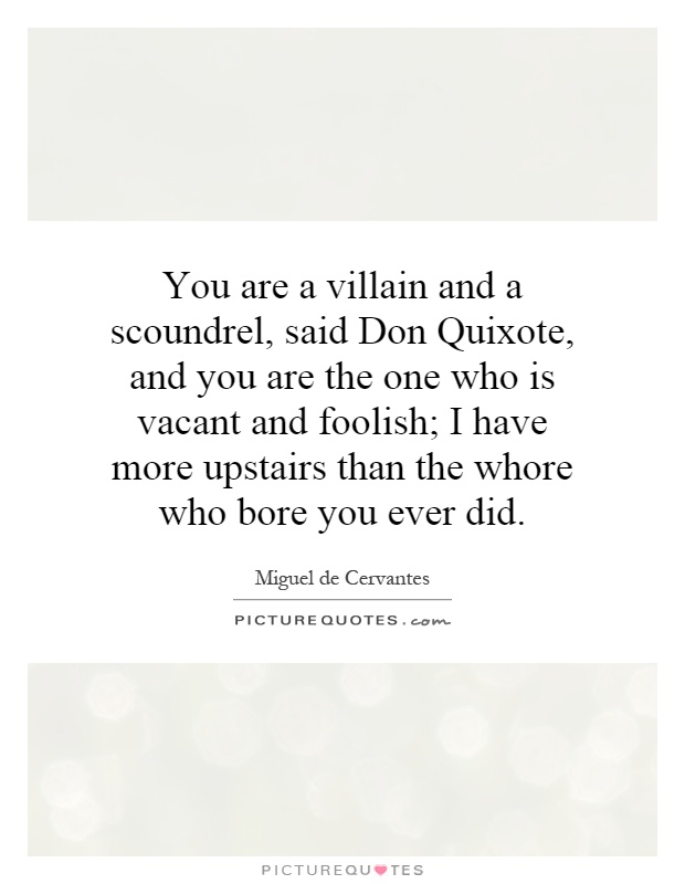 You are a villain and a scoundrel, said Don Quixote, and you are the one who is vacant and foolish; I have more upstairs than the whore who bore you ever did Picture Quote #1
