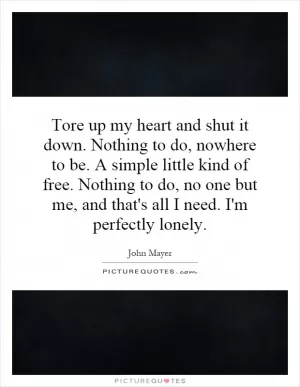 Tore up my heart and shut it down. Nothing to do, nowhere to be. A simple little kind of free. Nothing to do, no one but me, and that's all I need. I'm perfectly lonely Picture Quote #1