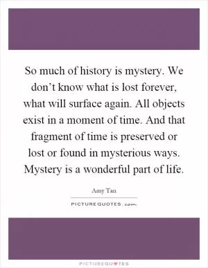 So much of history is mystery. We don’t know what is lost forever, what will surface again. All objects exist in a moment of time. And that fragment of time is preserved or lost or found in mysterious ways. Mystery is a wonderful part of life Picture Quote #1