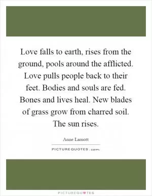 Love falls to earth, rises from the ground, pools around the afflicted. Love pulls people back to their feet. Bodies and souls are fed. Bones and lives heal. New blades of grass grow from charred soil. The sun rises Picture Quote #1