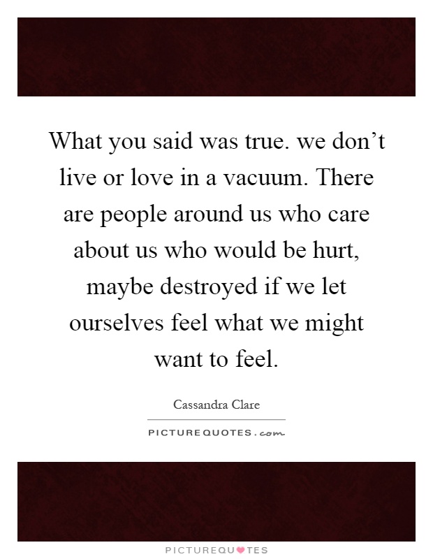 What you said was true. we don't live or love in a vacuum. There are people around us who care about us who would be hurt, maybe destroyed if we let ourselves feel what we might want to feel Picture Quote #1