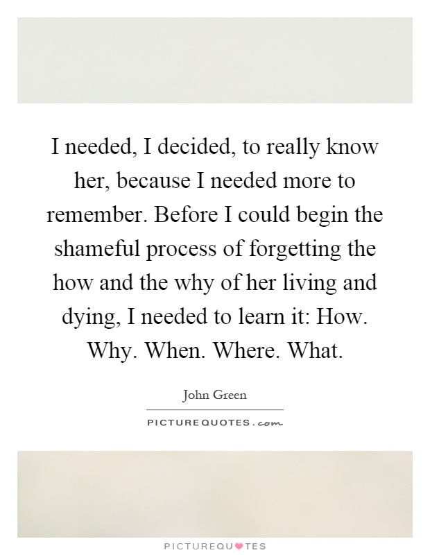 I needed, I decided, to really know her, because I needed more to remember. Before I could begin the shameful process of forgetting the how and the why of her living and dying, I needed to learn it: How. Why. When. Where. What Picture Quote #1
