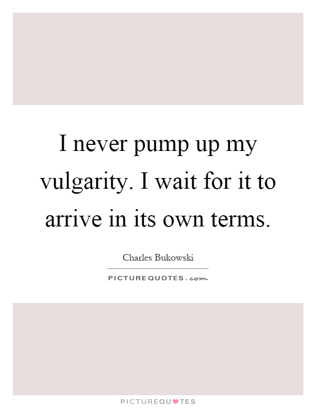 I never pump up my vulgarity. I wait for it to arrive in its own terms Picture Quote #1