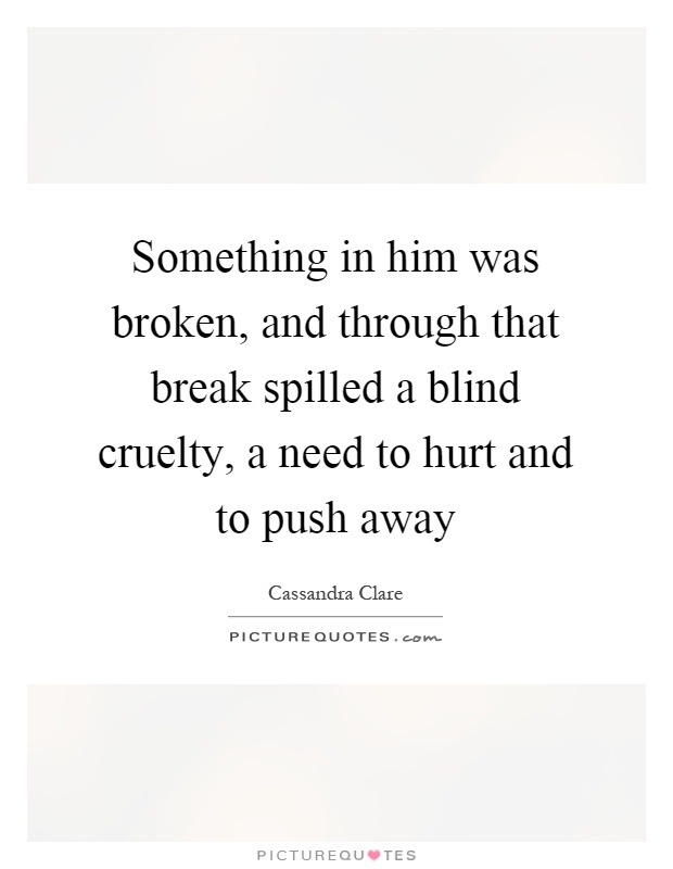 Something in him was broken, and through that break spilled a blind cruelty, a need to hurt and to push away Picture Quote #1