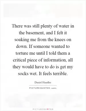 There was still plenty of water in the basement, and I felt it soaking me from the knees on down. If someone wanted to torture me until I told them a critical piece of information, all they would have to do is get my socks wet. It feels terrible Picture Quote #1