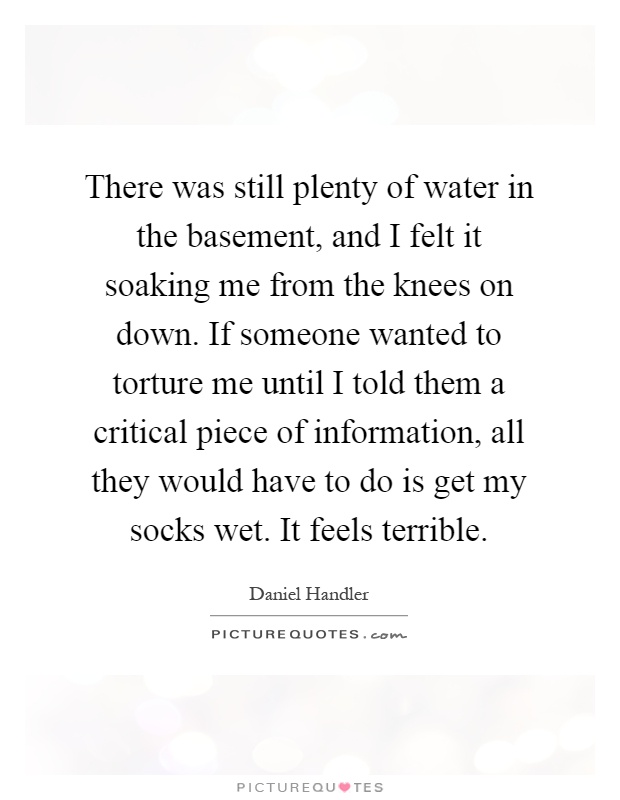 There was still plenty of water in the basement, and I felt it soaking me from the knees on down. If someone wanted to torture me until I told them a critical piece of information, all they would have to do is get my socks wet. It feels terrible Picture Quote #1