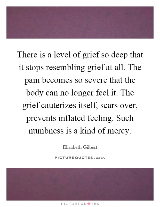 There is a level of grief so deep that it stops resembling grief at all. The pain becomes so severe that the body can no longer feel it. The grief cauterizes itself, scars over, prevents inflated feeling. Such numbness is a kind of mercy Picture Quote #1