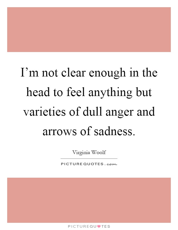 I'm not clear enough in the head to feel anything but varieties of dull anger and arrows of sadness Picture Quote #1
