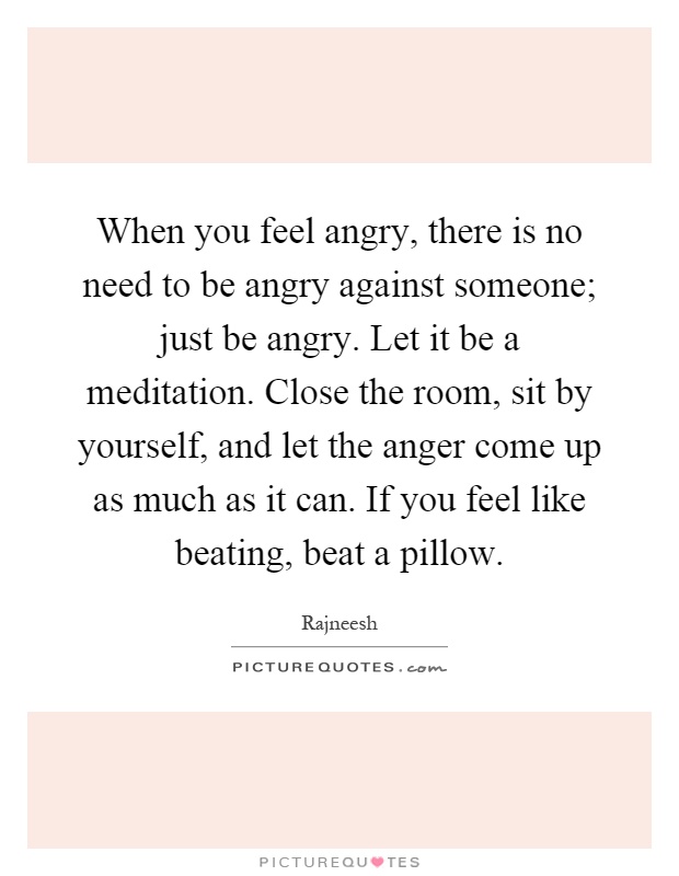 When you feel angry, there is no need to be angry against someone; just be angry. Let it be a meditation. Close the room, sit by yourself, and let the anger come up as much as it can. If you feel like beating, beat a pillow Picture Quote #1