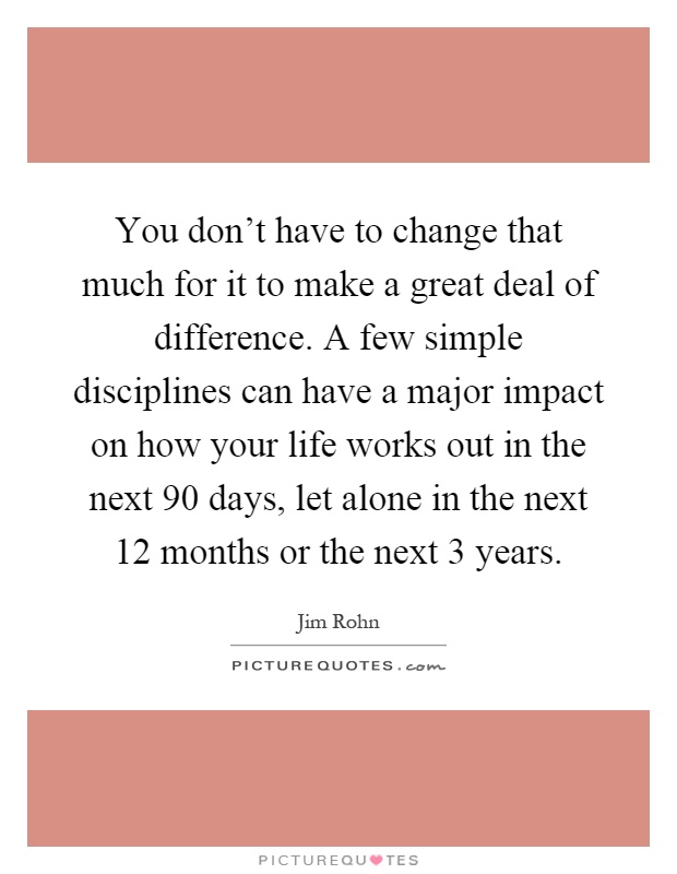 You don't have to change that much for it to make a great deal of difference. A few simple disciplines can have a major impact on how your life works out in the next 90 days, let alone in the next 12 months or the next 3 years Picture Quote #1