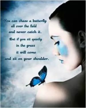 You can chase a butterfly all over the field and never catch it. But if you sit quietly in the grass it will come and sit on your shoulder Picture Quote #1