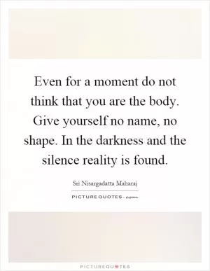 Even for a moment do not think that you are the body. Give yourself no name, no shape. In the darkness and the silence reality is found Picture Quote #1