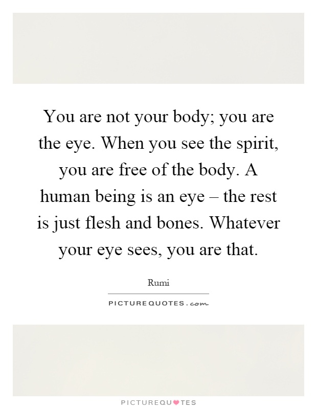 You are not your body; you are the eye. When you see the spirit, you are free of the body. A human being is an eye – the rest is just flesh and bones. Whatever your eye sees, you are that Picture Quote #1