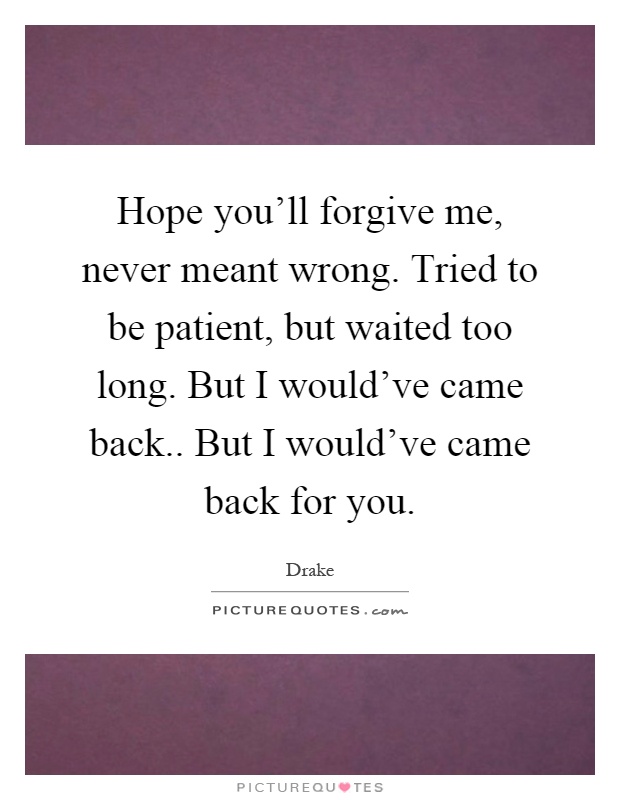 Hope you'll forgive me, never meant wrong. Tried to be patient, but waited too long. But I would've came back.. But I would've came back for you Picture Quote #1