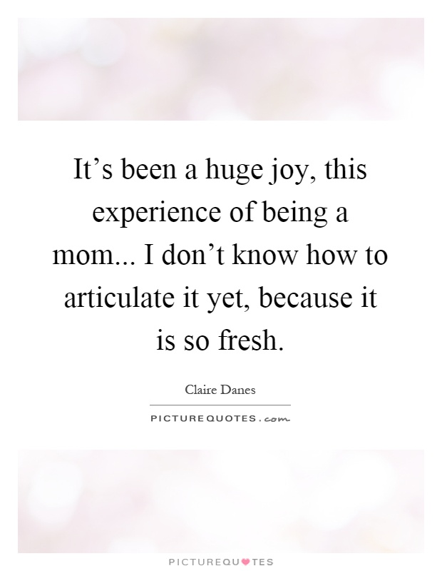 It's been a huge joy, this experience of being a mom... I don't know how to articulate it yet, because it is so fresh Picture Quote #1