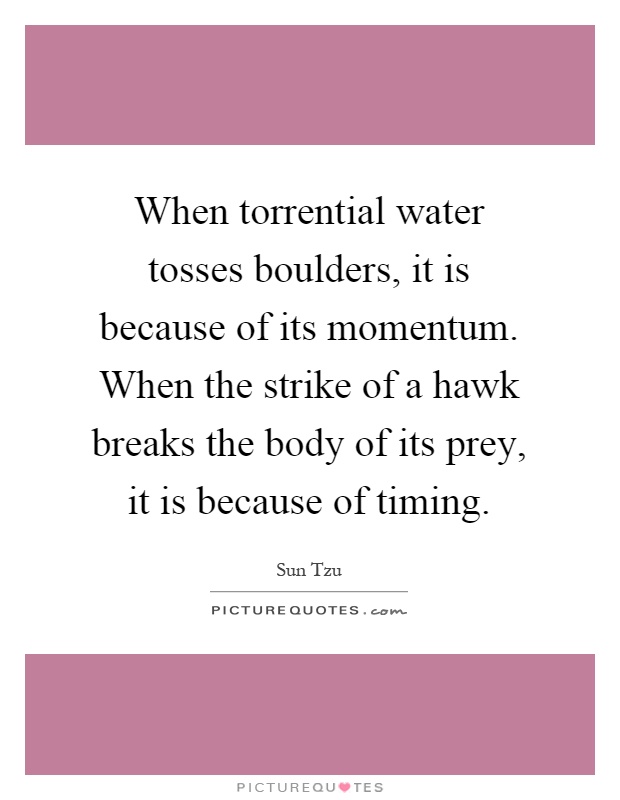 When torrential water tosses boulders, it is because of its momentum. When the strike of a hawk breaks the body of its prey, it is because of timing Picture Quote #1