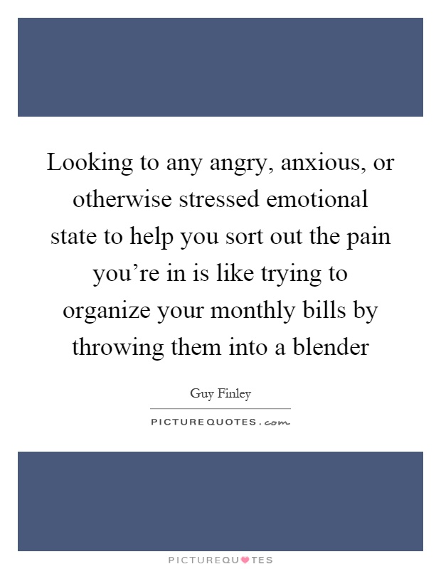 Looking to any angry, anxious, or otherwise stressed emotional state to help you sort out the pain you're in is like trying to organize your monthly bills by throwing them into a blender Picture Quote #1