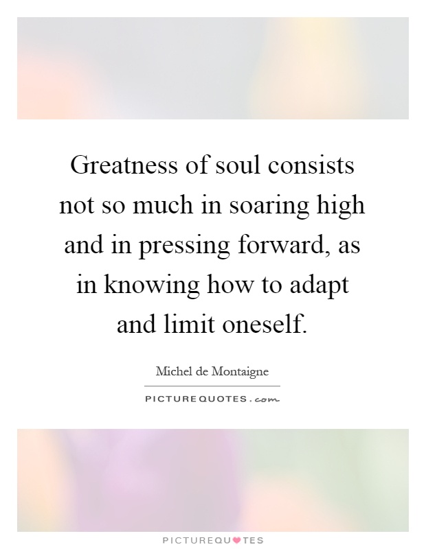 Greatness of soul consists not so much in soaring high and in pressing forward, as in knowing how to adapt and limit oneself Picture Quote #1