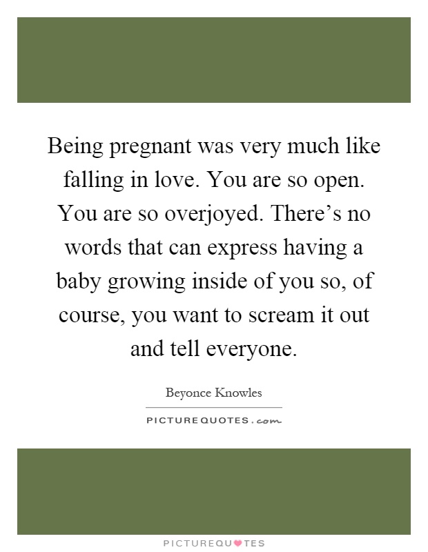Being pregnant was very much like falling in love. You are so open. You are so overjoyed. There's no words that can express having a baby growing inside of you so, of course, you want to scream it out and tell everyone Picture Quote #1