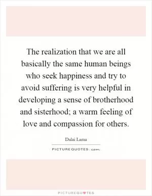 The realization that we are all basically the same human beings who seek happiness and try to avoid suffering is very helpful in developing a sense of brotherhood and sisterhood; a warm feeling of love and compassion for others Picture Quote #1