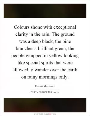 Colours shone with exceptional clarity in the rain. The ground was a deep black, the pine branches a brilliant green, the people wrapped in yellow looking like special spirits that were allowed to wander over the earth on rainy mornings only Picture Quote #1