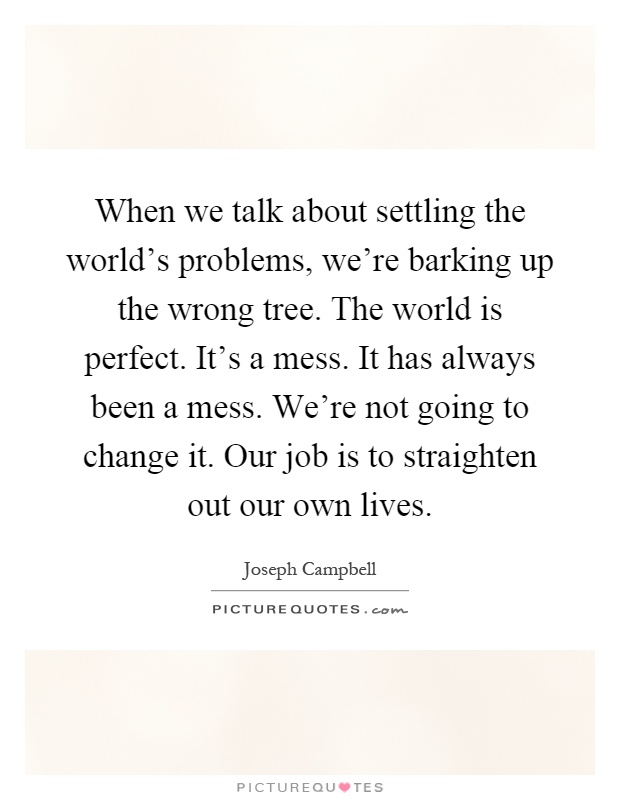 When we talk about settling the world's problems, we're barking up the wrong tree. The world is perfect. It's a mess. It has always been a mess. We're not going to change it. Our job is to straighten out our own lives Picture Quote #1