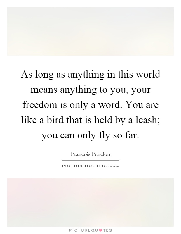 As long as anything in this world means anything to you, your freedom is only a word. You are like a bird that is held by a leash; you can only fly so far Picture Quote #1