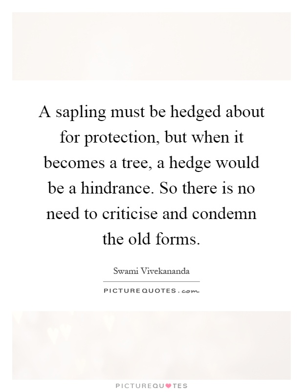 A sapling must be hedged about for protection, but when it becomes a tree, a hedge would be a hindrance. So there is no need to criticise and condemn the old forms Picture Quote #1