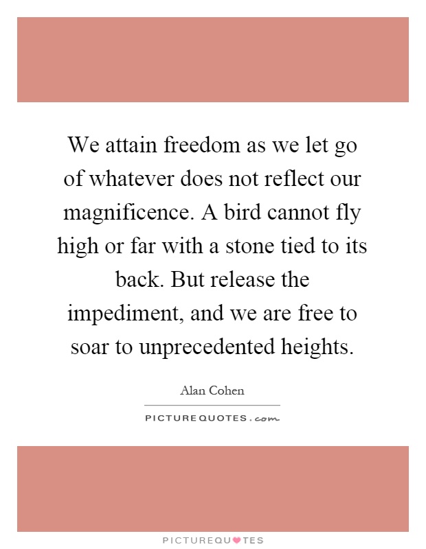 We attain freedom as we let go of whatever does not reflect our magnificence. A bird cannot fly high or far with a stone tied to its back. But release the impediment, and we are free to soar to unprecedented heights Picture Quote #1