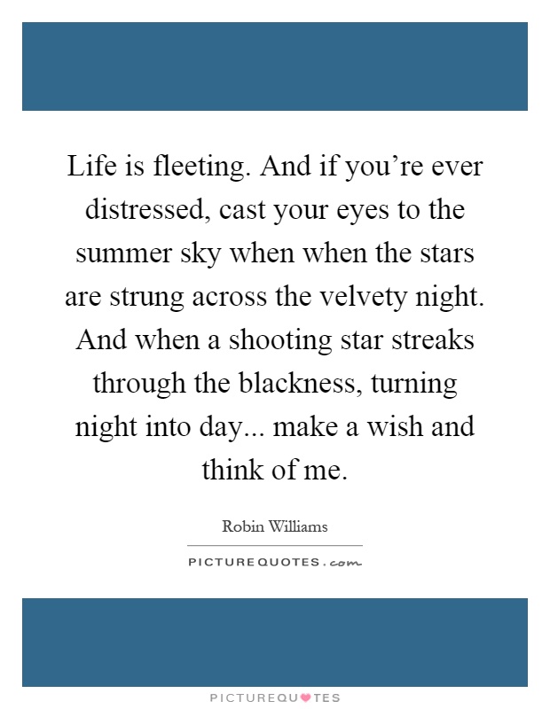Life is fleeting. And if you're ever distressed, cast your eyes to the summer sky when when the stars are strung across the velvety night. And when a shooting star streaks through the blackness, turning night into day... make a wish and think of me Picture Quote #1