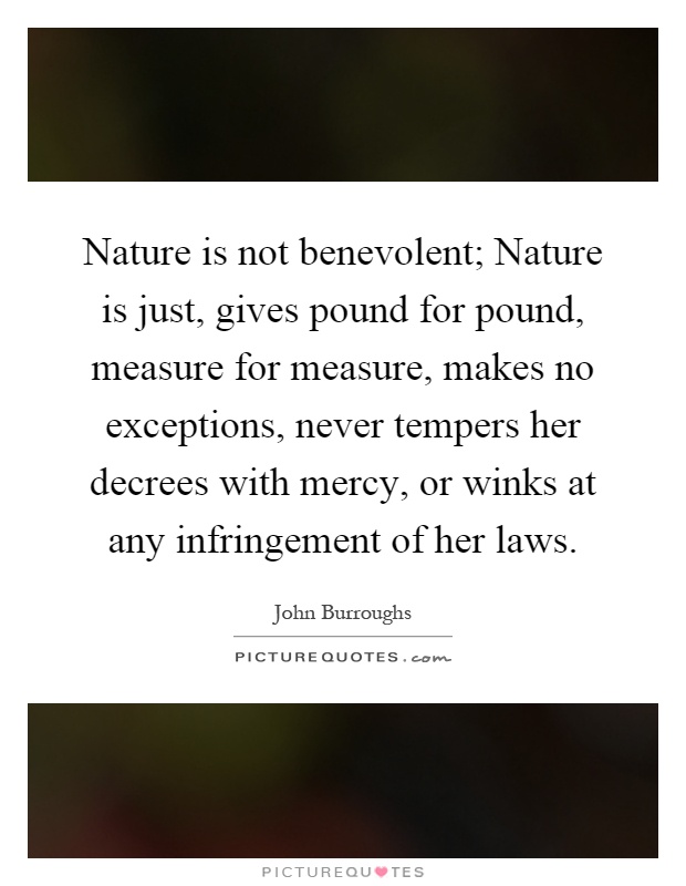 Nature is not benevolent; Nature is just, gives pound for pound, measure for measure, makes no exceptions, never tempers her decrees with mercy, or winks at any infringement of her laws Picture Quote #1