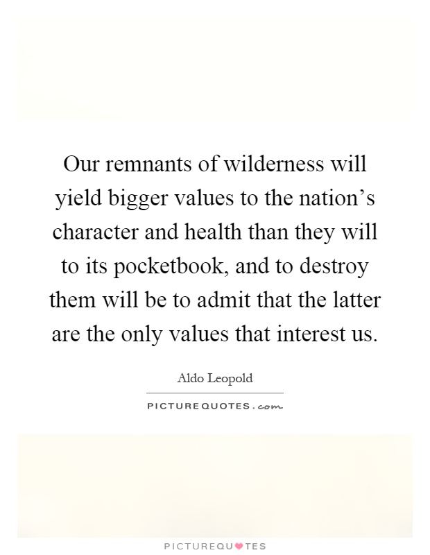 Our remnants of wilderness will yield bigger values to the nation's character and health than they will to its pocketbook, and to destroy them will be to admit that the latter are the only values that interest us Picture Quote #1